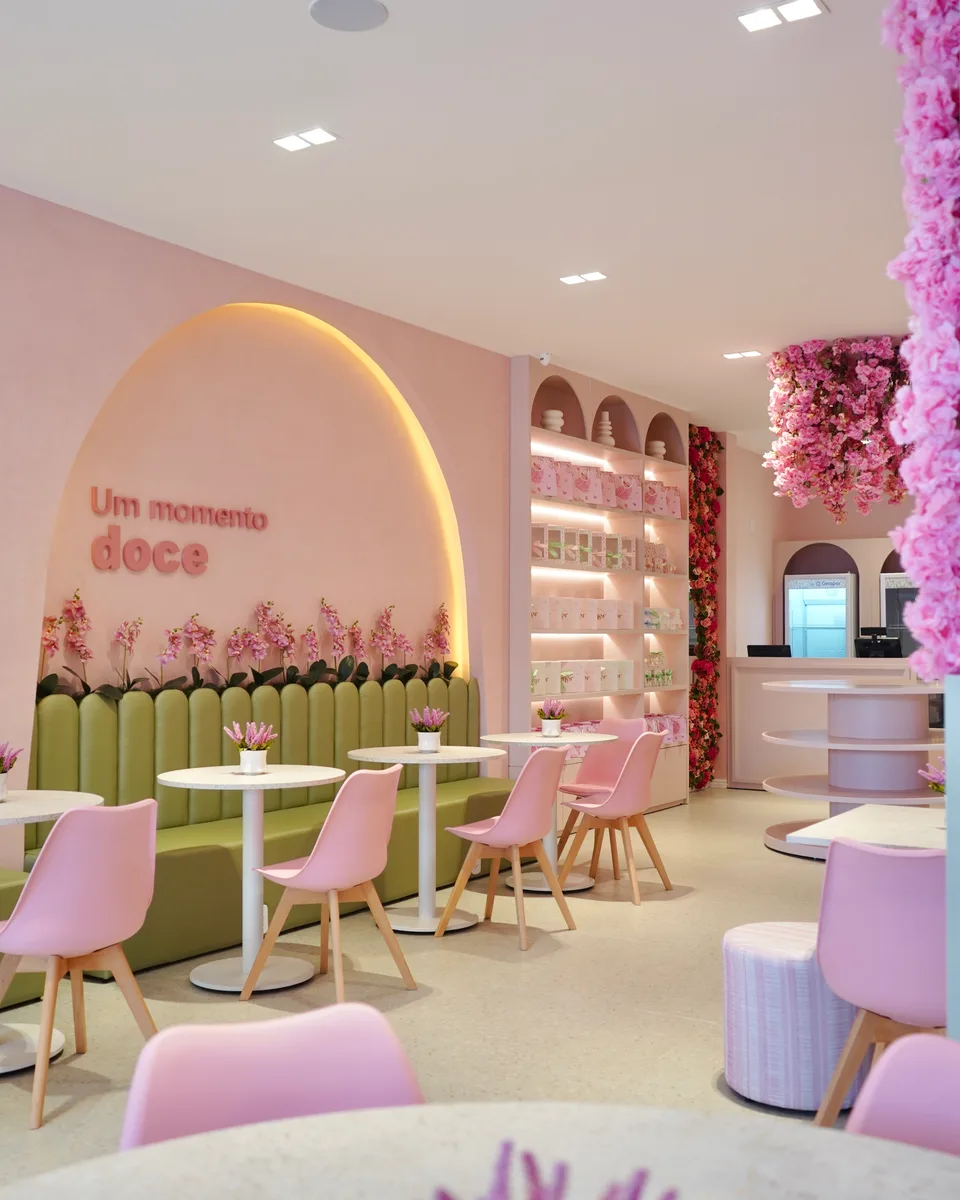 Banco verde-sálvia sob arco com a frase "Um momento doce", mesas redondas, cadeiras rosa e estante iluminada ao fundo